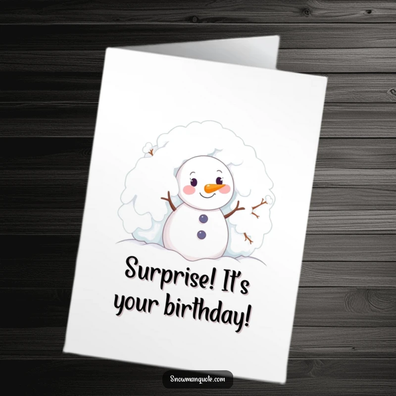Funny Free Printable Birthday Card: A curious snowman peeking with delight from behind a snow-covered bush, ready to surprise.