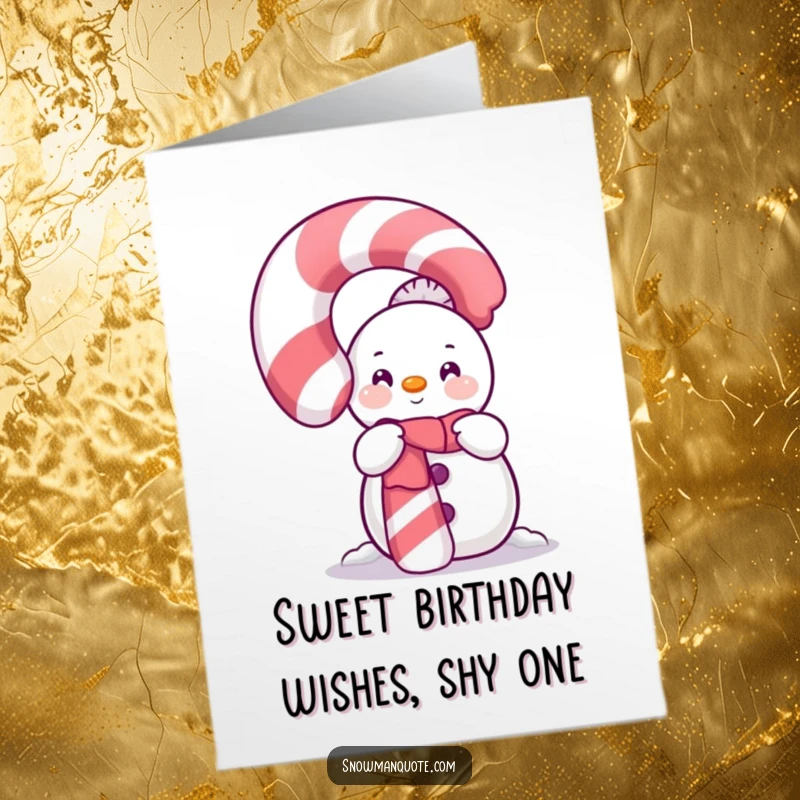 Funny Free Printable Snowman Birthday Card: A shy snowman peeks playfully from behind a giant sparkling candy cane for birthdays.
