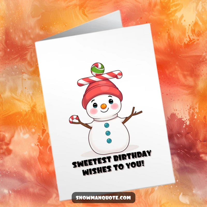 Funny Free Printable Birthday Card: A whimsical snowman proudly balances three colorful candy canes atop its head, looking festive.