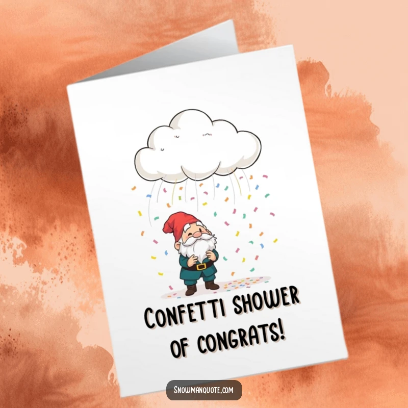 Funny Free Printable Congrats Card: Playful cloud raining colorful confetti onto a bewildered garden gnome celebrating success.