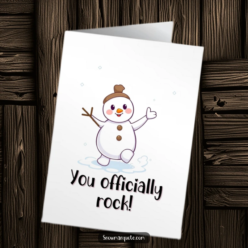Funny Free Printable Congratulations Card: Dancing snowman with twig arms waving, kicking up a snow swirl, celebrating success.