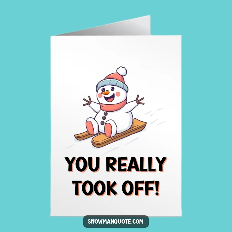 Free Printable Congrats Card: Funny Snowman Sledding - Downloadable Gift