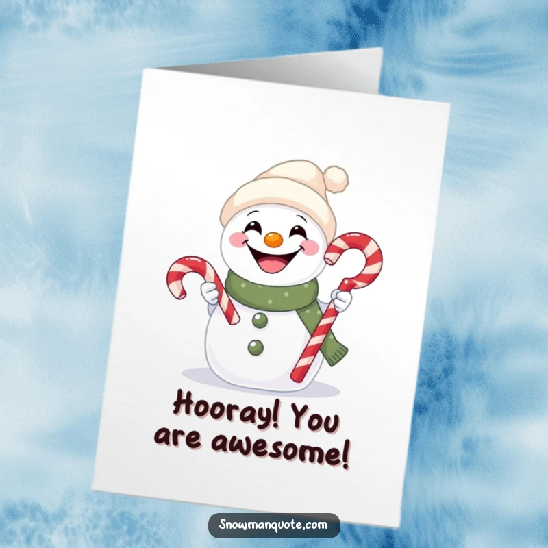 Funny free printable congratulations card with a happy snowman offering a candy cane, perfect for celebrating achievements.
