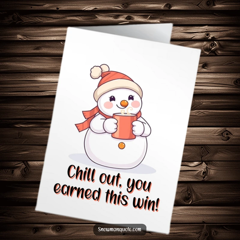 Funny Free Printable Congratulations Card: Jolly snowman holding a hot mug, perfect for celebrating achievements with a warm, humorous touch.