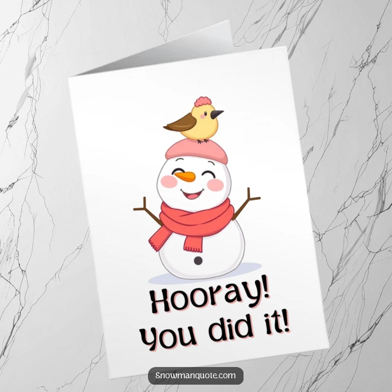 Funny free printable congratulations card: A smiling snowman looks surprised as a small bird pecks at its hat.