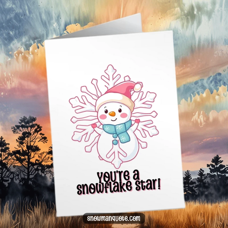 Funny Free Printable Congrats Card: A snowman peeks playfully from behind a giant snowflake, conveying congratulations with a twinkle.