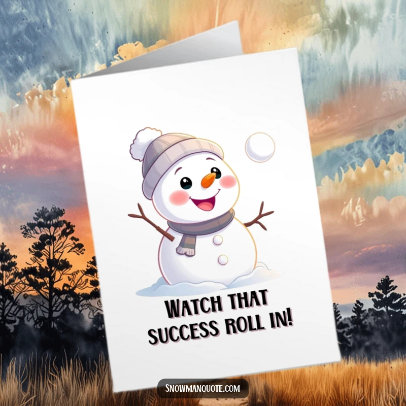 Funny Free Printable Congratulations Card: A snowman with a big grin watches a snowball roll away, symbolizing letting go or moving forward.