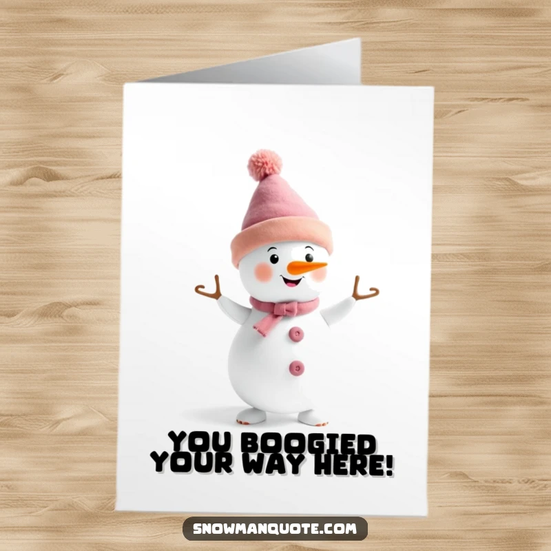 Funny Free Printable Congratulations Card: A snowman wearing a funny hat dancing with delight after good news.