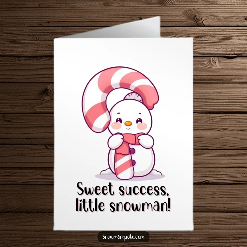 Funny Free Printable Snowman Congratulations Card: A bashful snowman curiously peeks from behind a large, shimmering candy cane, perfect for congrats.