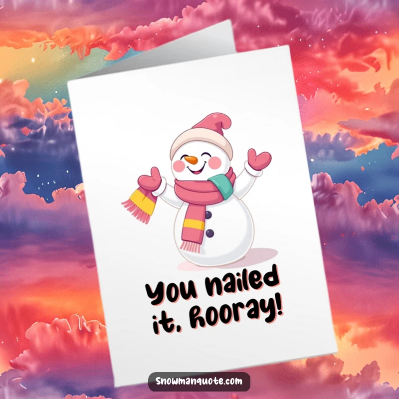 Funny Free Printable Congratulations Card: Giggling snowman juggles scarves, a vibrant downloadable message of success.