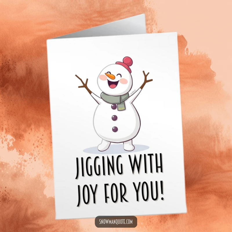 Funny Free Printable Congrats Card: A cheerful snowman performing a lively jig, twig arms in full, enthusiastic motion, pure celebration.