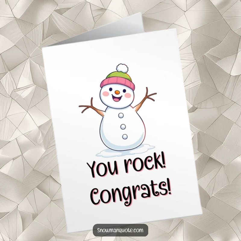 Funny free printable congratulations card showing a snowman doing a spirited shimmy with its twig arms, celebrating success.