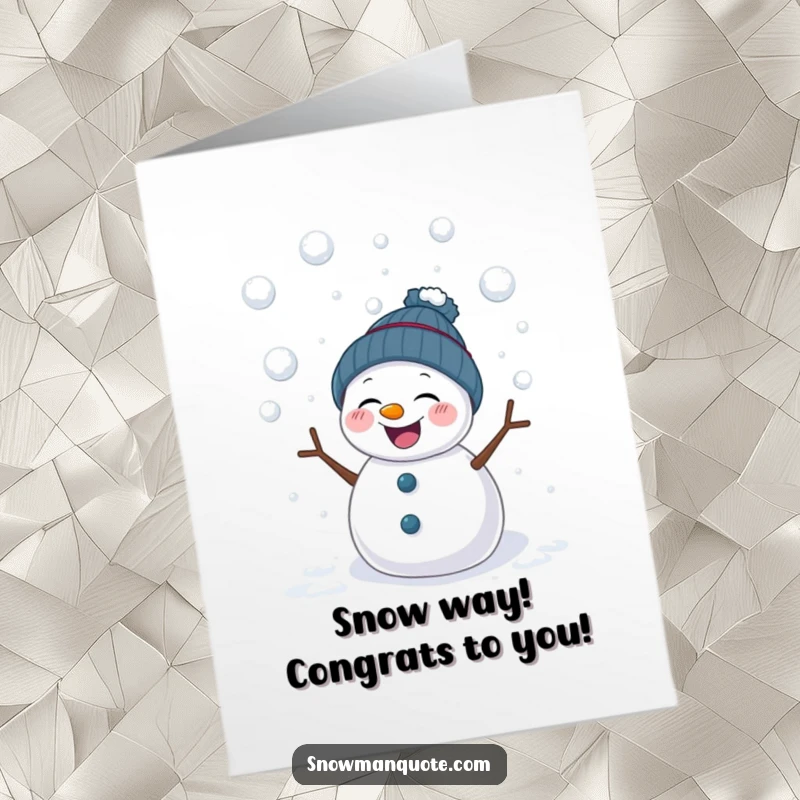 Funny Free Printable Congrats Card: A snowman chuckling merrily as light snowballs gently pelt him, enjoying a playful winter scene.
