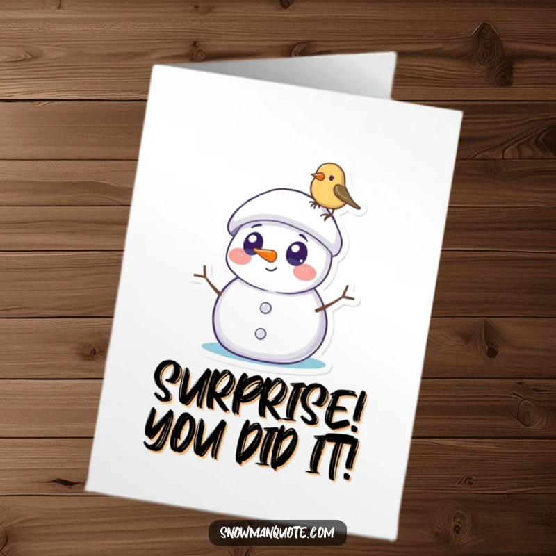 Funny Free Printable Snowman Congratulations Card: Snowman surprised by tiny bird on hat, winter celebration, downloadable art