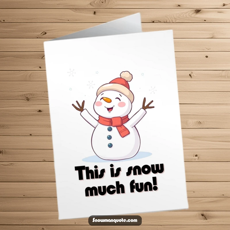 Funny free printable congratulations card: A snowman with twig arms energetically waving hello to gentle snowflakes falling around.