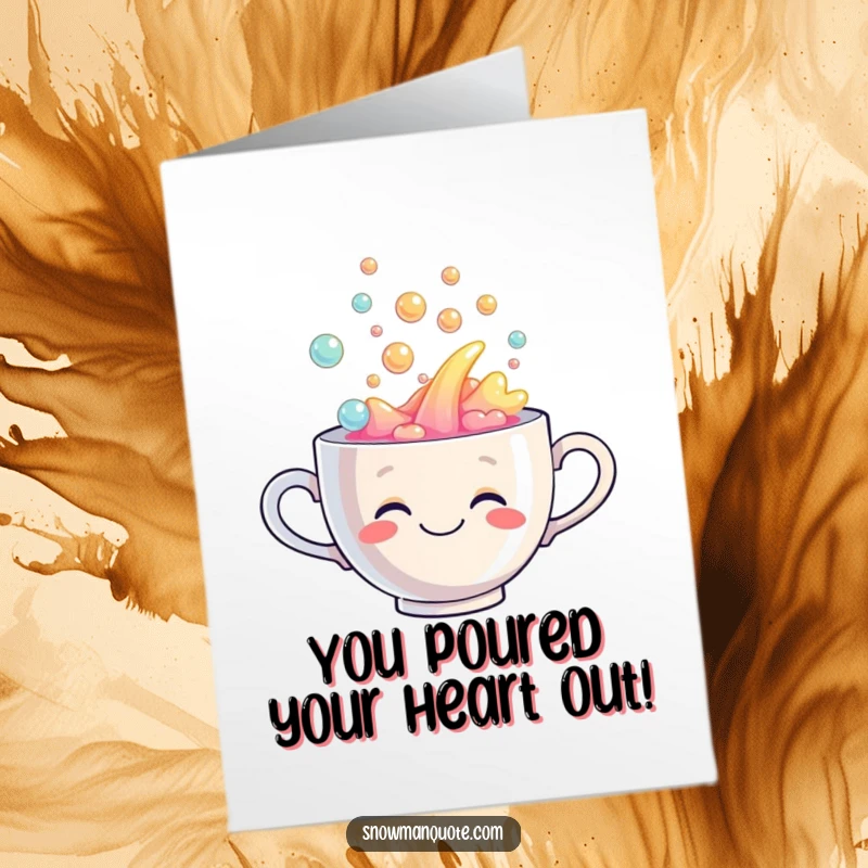 Funny Free Printable Congrats Card: Adorable teacup bubbling with rainbow liquid, celebrating success with pure glee.