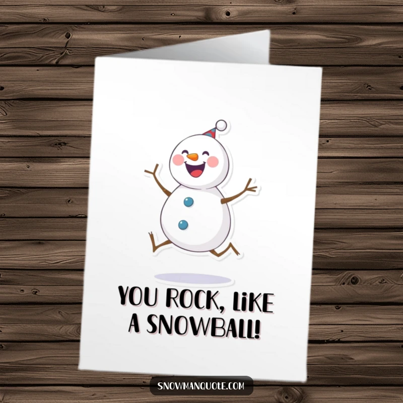 Funny Free Printable Congratulations Card: Cheerful snowman doing a joyful kick, celebrating success with downloadable art.