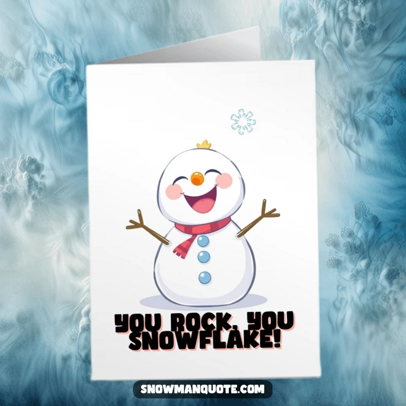 Funny Free Printable Congratulations Card showing a snowman erupting in giggles as a snowflake playfully tickles him, pure delight.