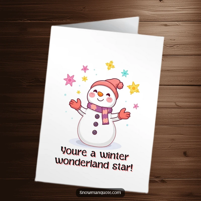 Funny Free Printable Congrats Card: A happy snowman juggling bright snowflakes, celebrating a wonderful achievement.