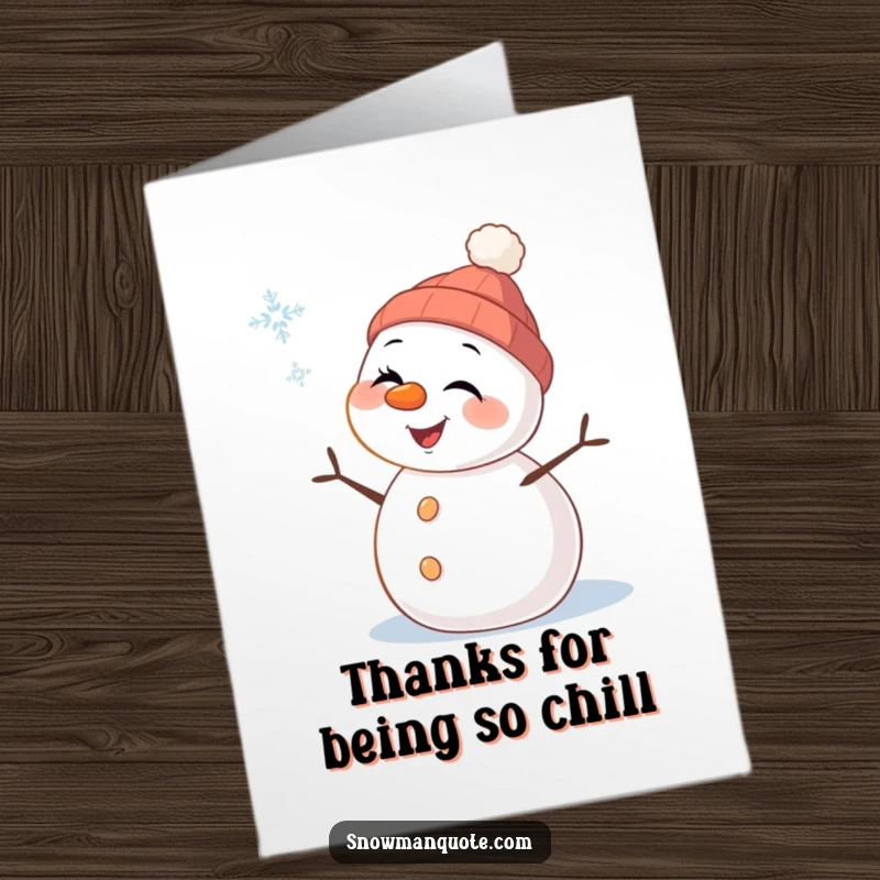 Funny Free Printable Snowman Thank You Card: Cheerful snowman winking playfully at a snowflake, winter thanks, downloadable