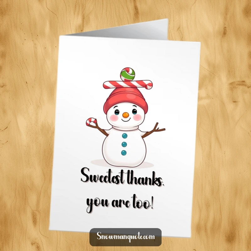 Funny Free Printable Thank You Card: A cheerful snowman balances a festive crown of colorful candy canes, expressing sweet appreciation.