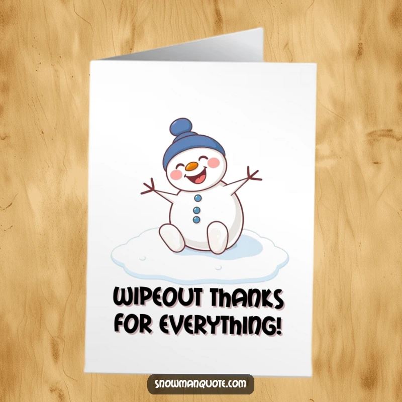 Funny Free Printable Thank You Card: A smiling snowman comically slides on ice, thanking someone for their kindness with a splash.