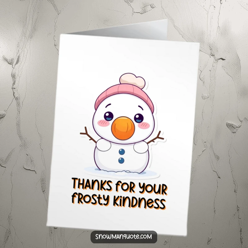 Funny Free Printable Thank You Card: A snowman peeking from behind a huge carrot nose, saying thanks playfully.