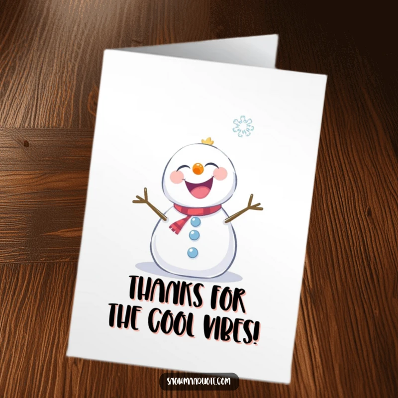 Funny Free Printable Thank You Card depicting a snowman giggling uncontrollably while a snowflake tickles his face, a moment of pure bliss.