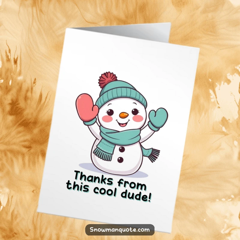 Funny Free Printable Thank You Card: Cheerful snowman wearing a scarf waves a mitten, expressing heartfelt thanks.