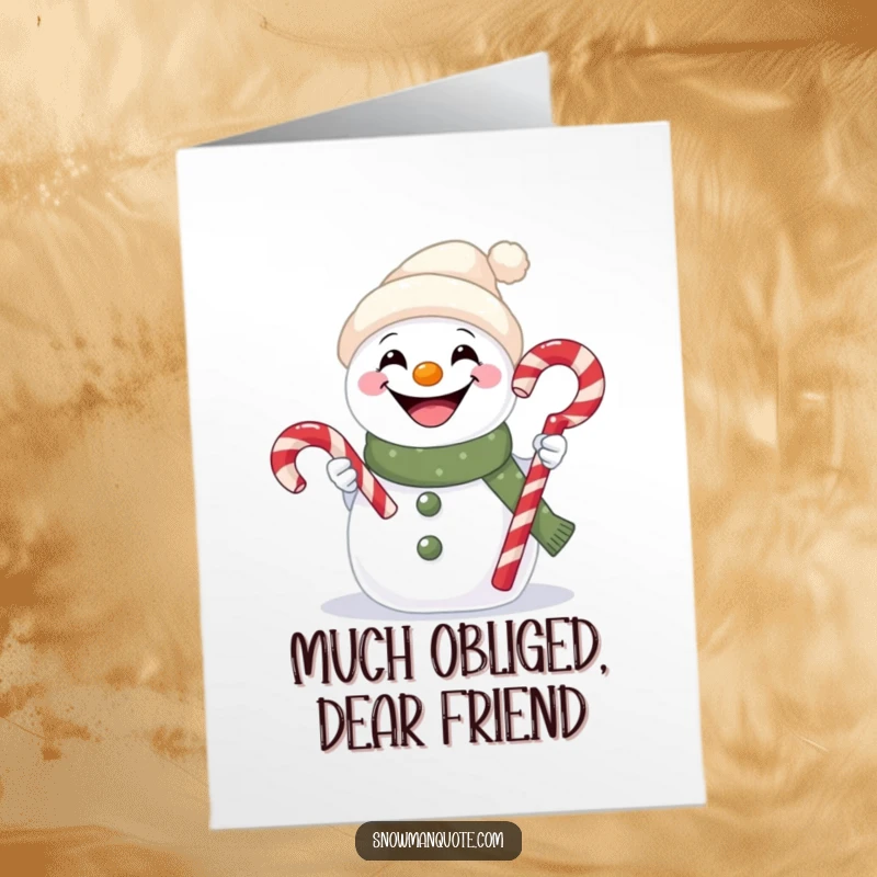 Funny free printable thank you card showing a jolly snowman with a wide grin, presenting a candy cane as thanks.