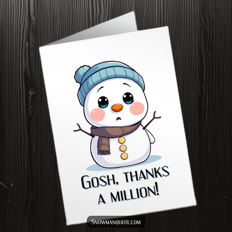 Funny Free Printable Thank You Card: Snowman hilariously surprised, hat sliding over button eyes, a downloadable thank you.