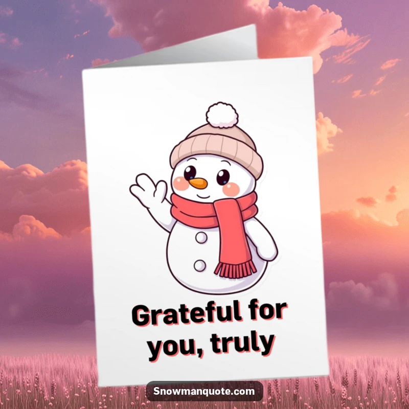 Funny free printable thank you card: A happy snowman with a scarf gives a welcoming wave with its button eye.