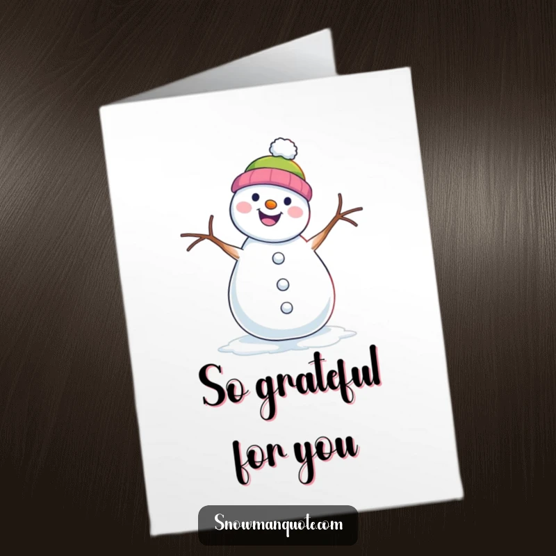 Funny free printable thank you card featuring a snowman doing a happy shimmy with its twig arms, expressing thanks.