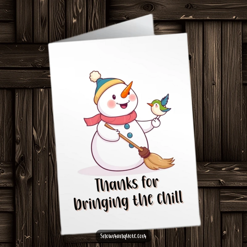 Funny Free Printable Thank You Card with a joyful snowman enjoying a bird's surprise visit to its broom.