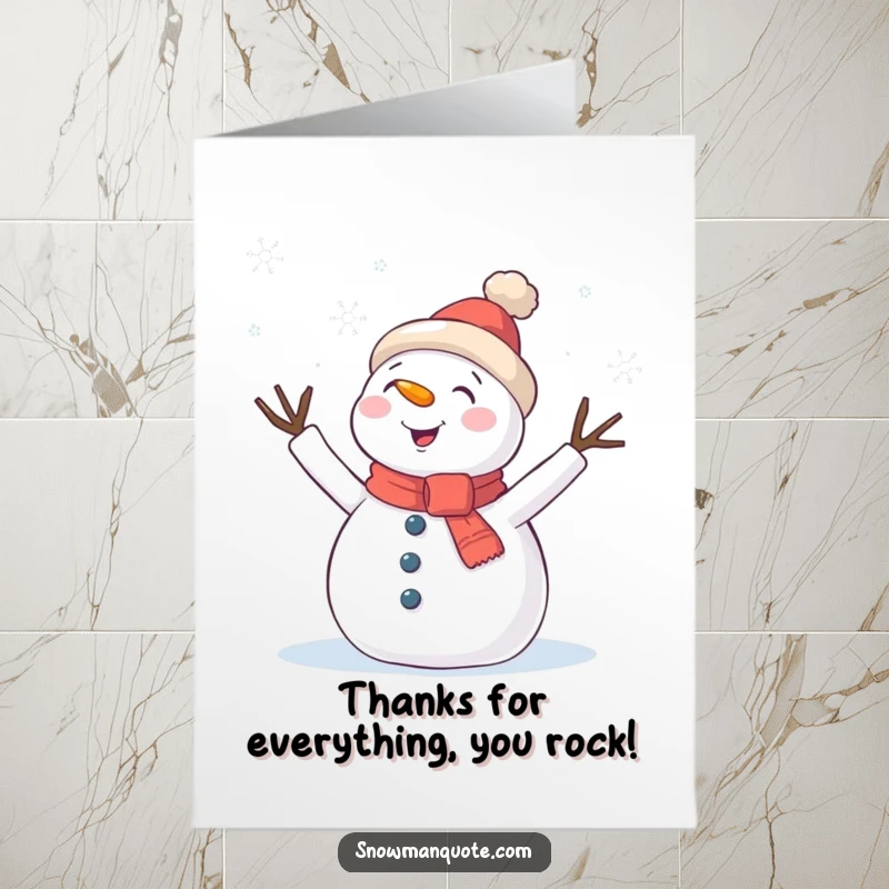 Funny free printable thank you card: A delighted snowman with twig arms waving enthusiastically at a cascade of snowflakes.