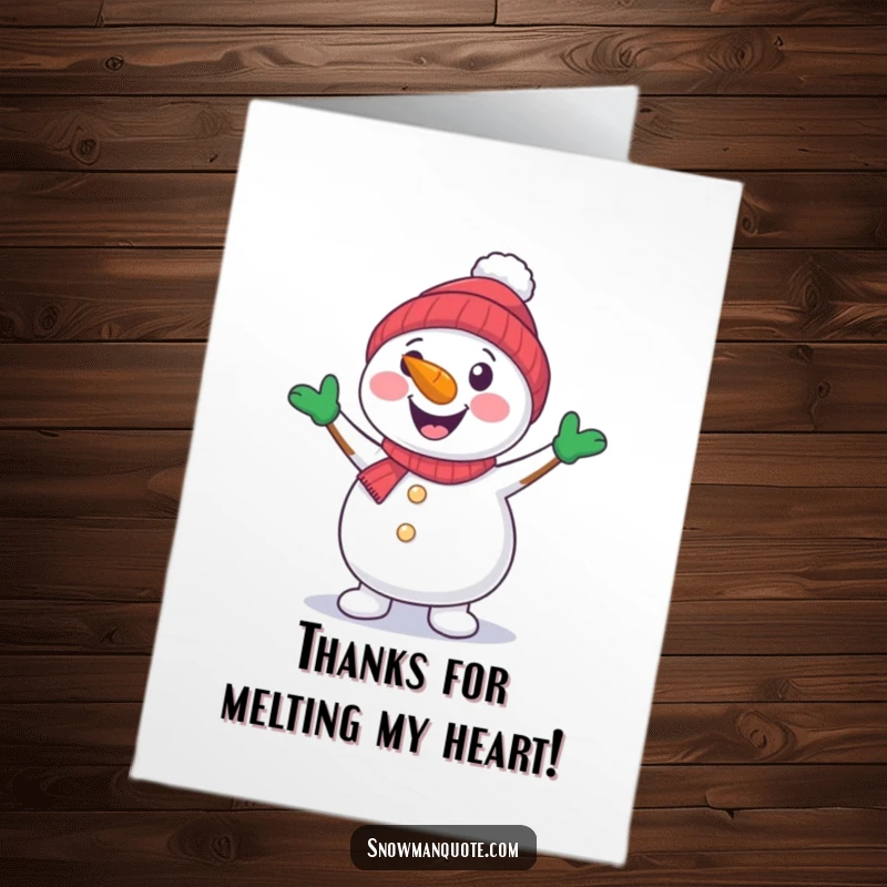 Funny Free Printable Thank You Card: Smiling snowman with carrot nose, dancing with arms, expressing cheerful gratitude.