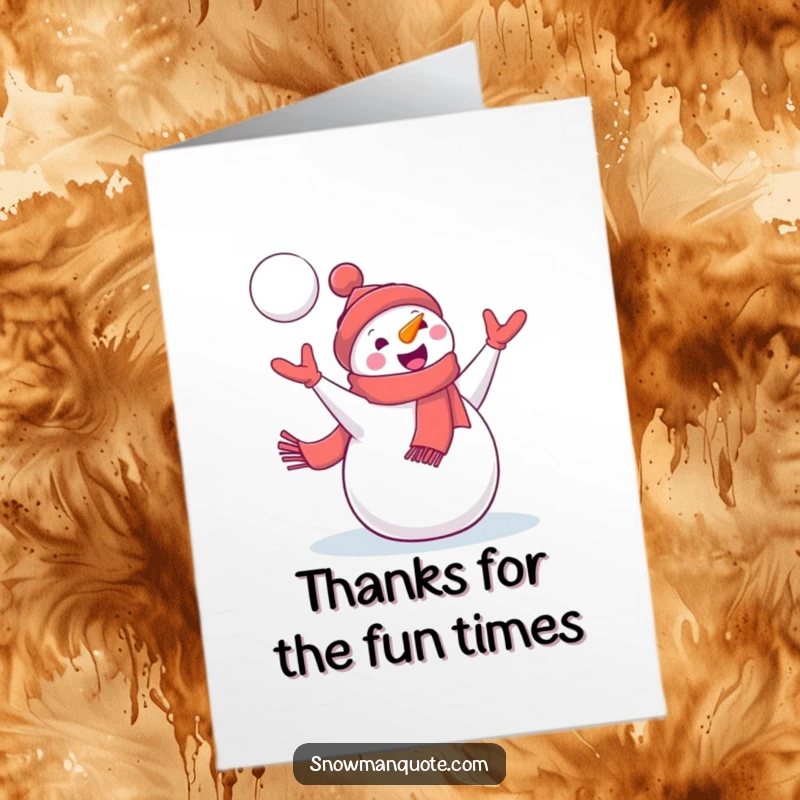Funny Free Printable Snowman Thank You Card: Snowman with scarf catching a snowball, winter appreciation, downloadable greeting