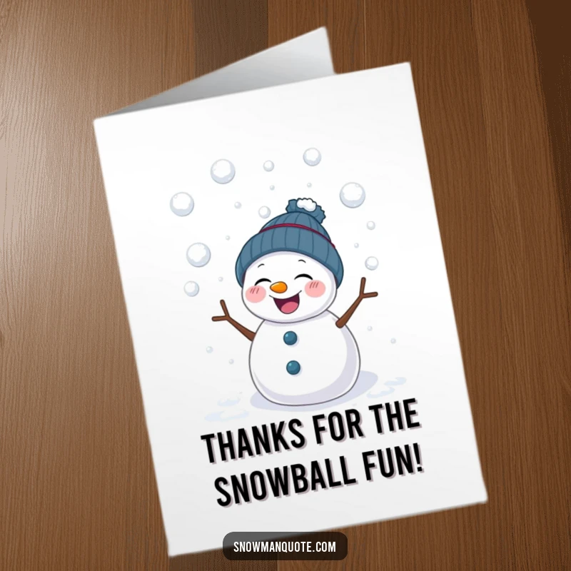 Funny Free Printable Thank You Card: A cheerful snowman giggling adorably while being lightly pelted by playful snowballs, a scene of joy.