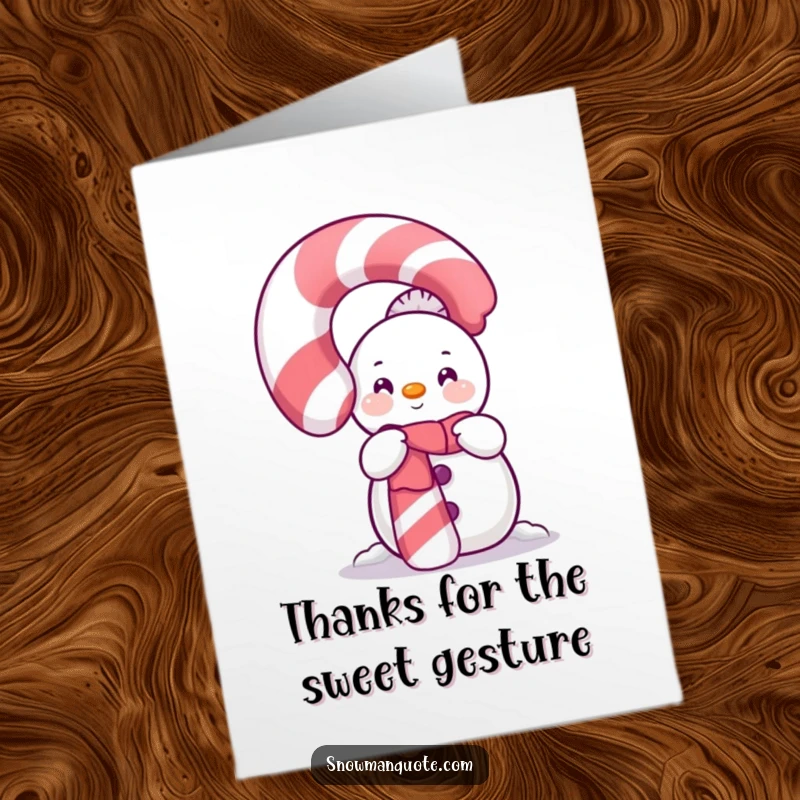 Funny Free Printable Snowman Thank You Card: A timid snowman hides behind a large, sparkling candy cane, ideal for saying thanks.