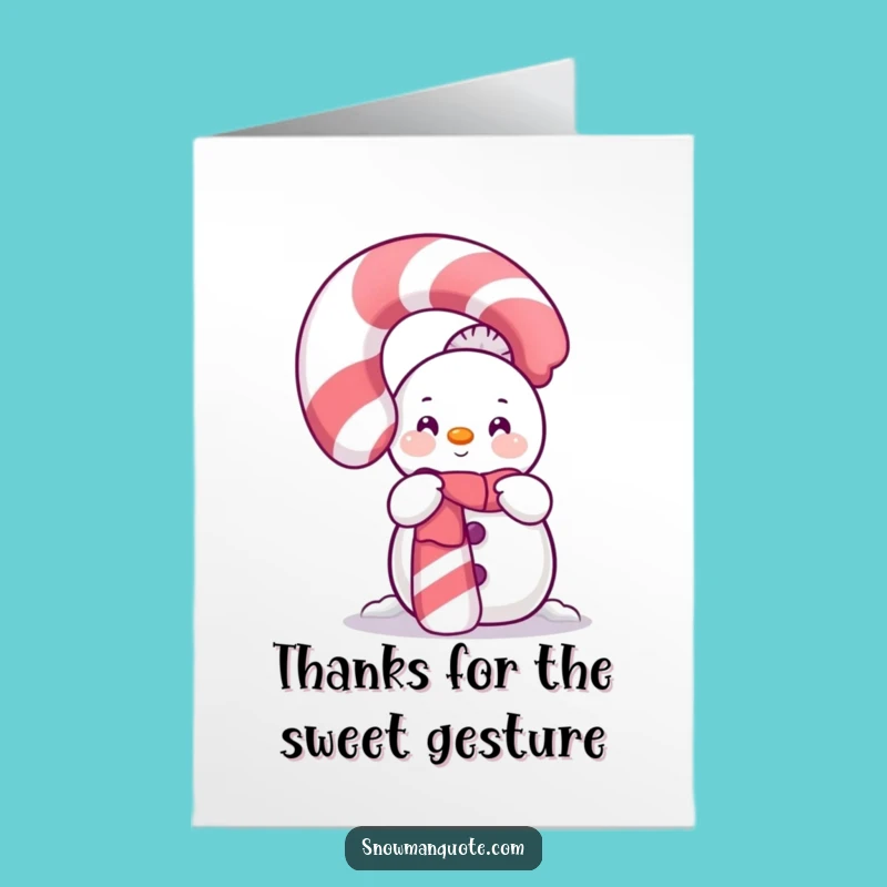 Free Printable Snowman Thank You Card: Shy Candy Cane Peek, Humorous Downloadable Gift