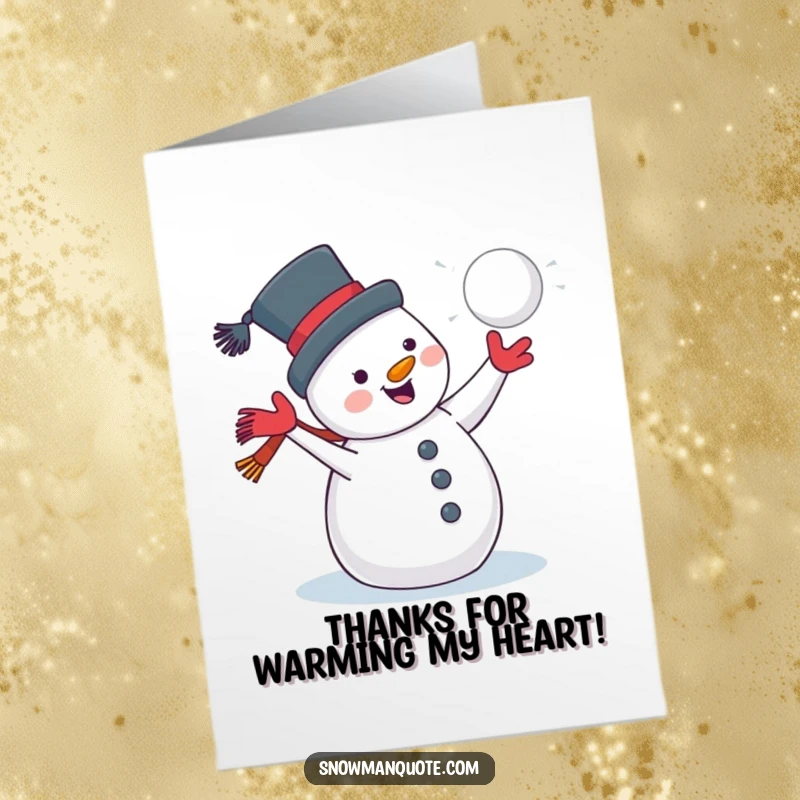 Funny Free Printable Thank You Card: A jolly snowman with a grin, throwing a snowball as a thank you.