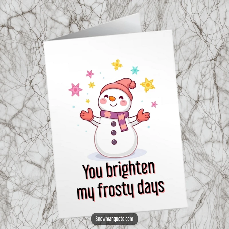 Funny Free Printable Thank You Card: A smiling snowman skillfully juggling colorful snowflakes, sending thanks.