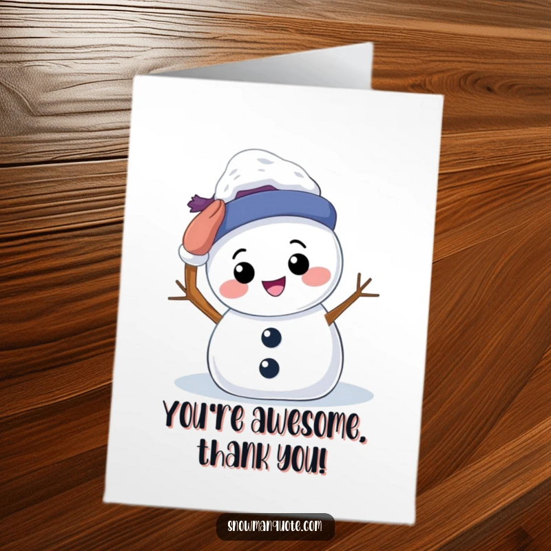 Funny Free Printable Thank You Card: Happy snowman with a wide smile, trying to pat its snowy head, downloadable.