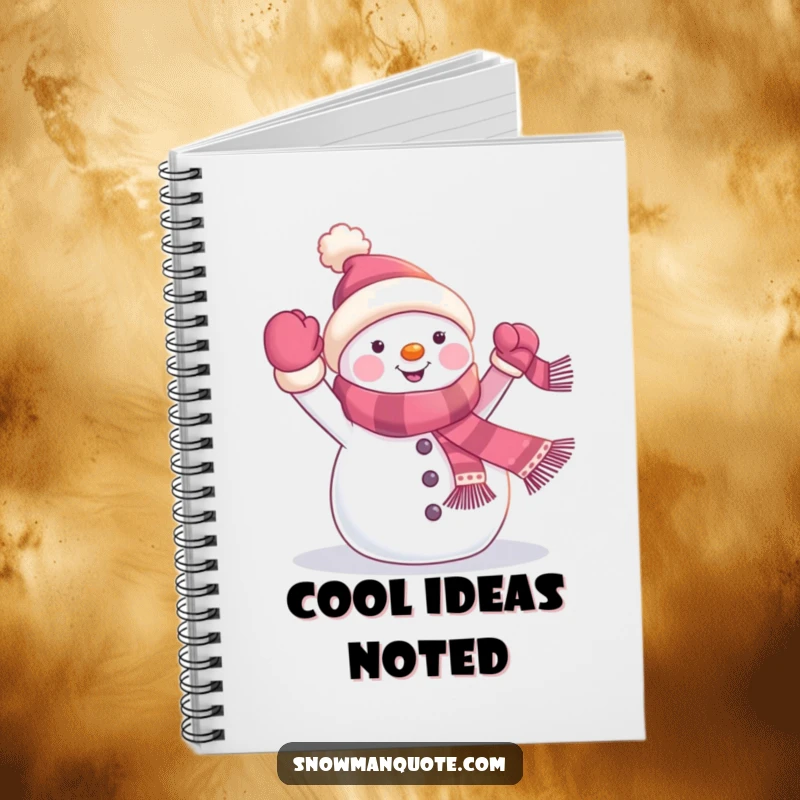 Funny snowman banner notebook featuring a cheerful winter character waving a banner from its scarf, ideal for writing notes with humorous holiday spirit.