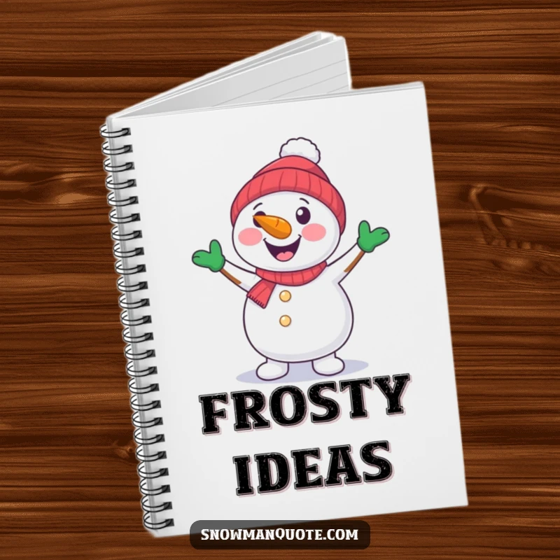 A cheerful snowman with a carrot nose dancing with its arms, ready to write. A lined notebook.