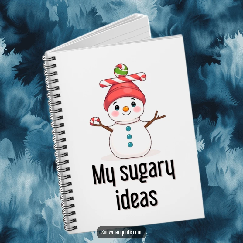Funny notebook illustrated with a snowman expertly balancing three colorful candy canes on its head, ideal for jotting down holiday ideas.