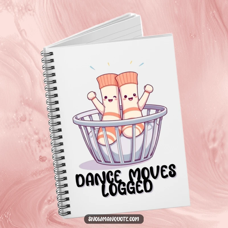 Funny sentient socks enthusiastically dancing in a laundry basket, a lined notebook ideal for jotting down playful thoughts.