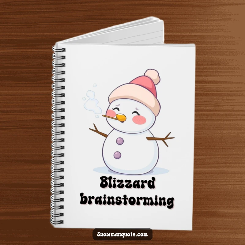 Funny notebook cover with a snowman with rosy cheeks exhaling frosty air, perfect for writing and planning.