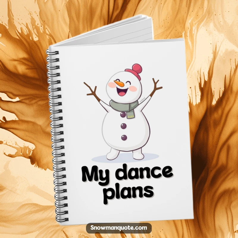 Funny notebook cover with a happy snowman doing a jig, twig arms flailing. Ideal for note-taking, journaling, and creative brainstorming.
