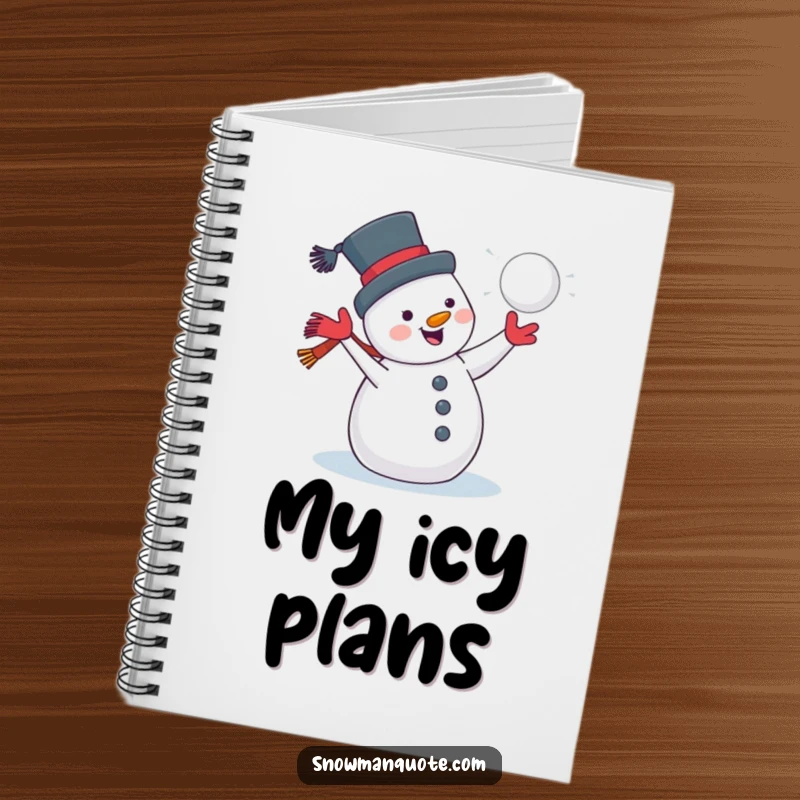 Funny snowman with a grin throwing a snowball, on a notebook cover, perfect for journaling winter thoughts and fun ideas.